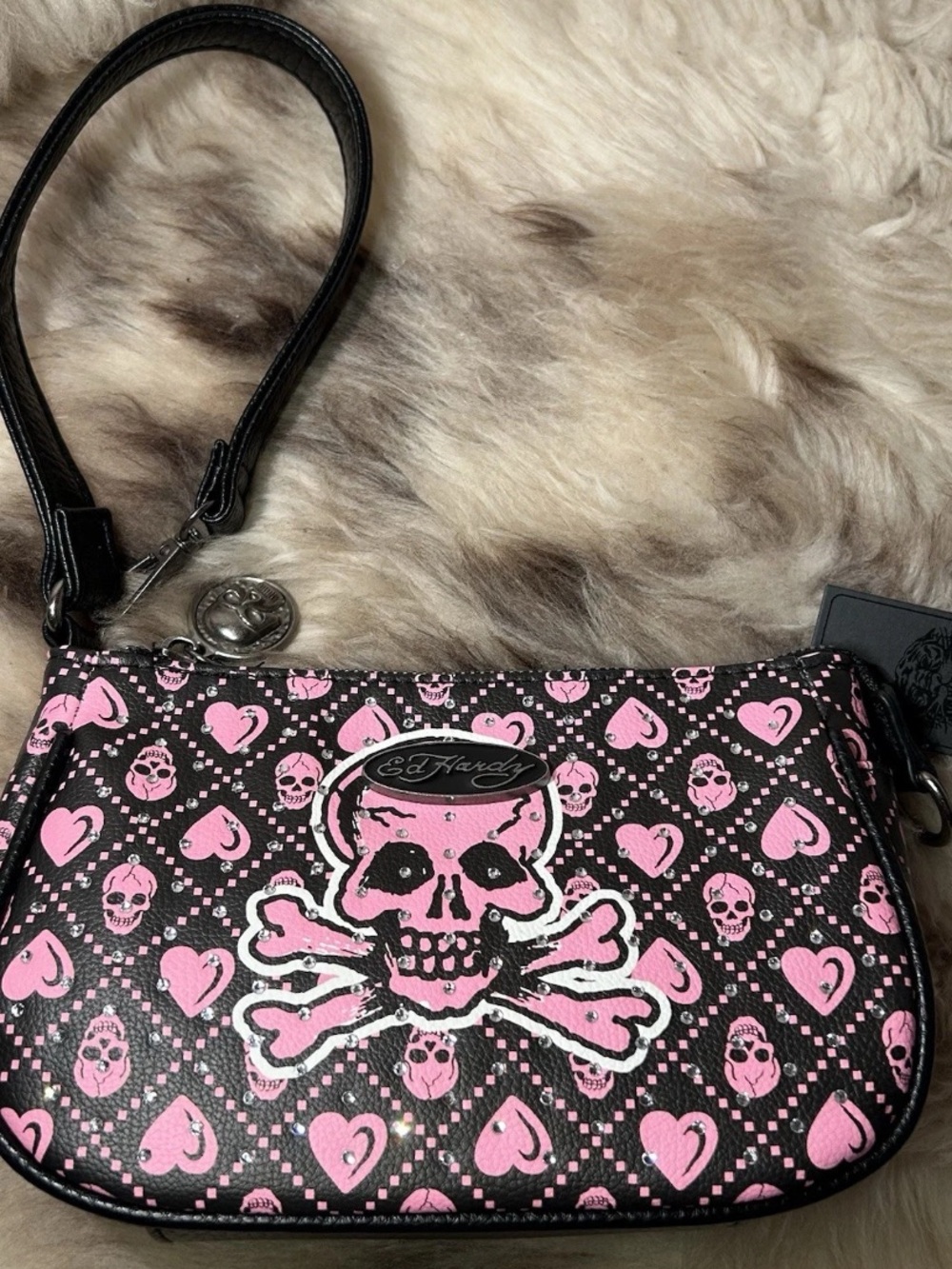 Ed Hardy Black & Pink Skull Crossbones Shoulder Bag NWT - Picture 6 of 11